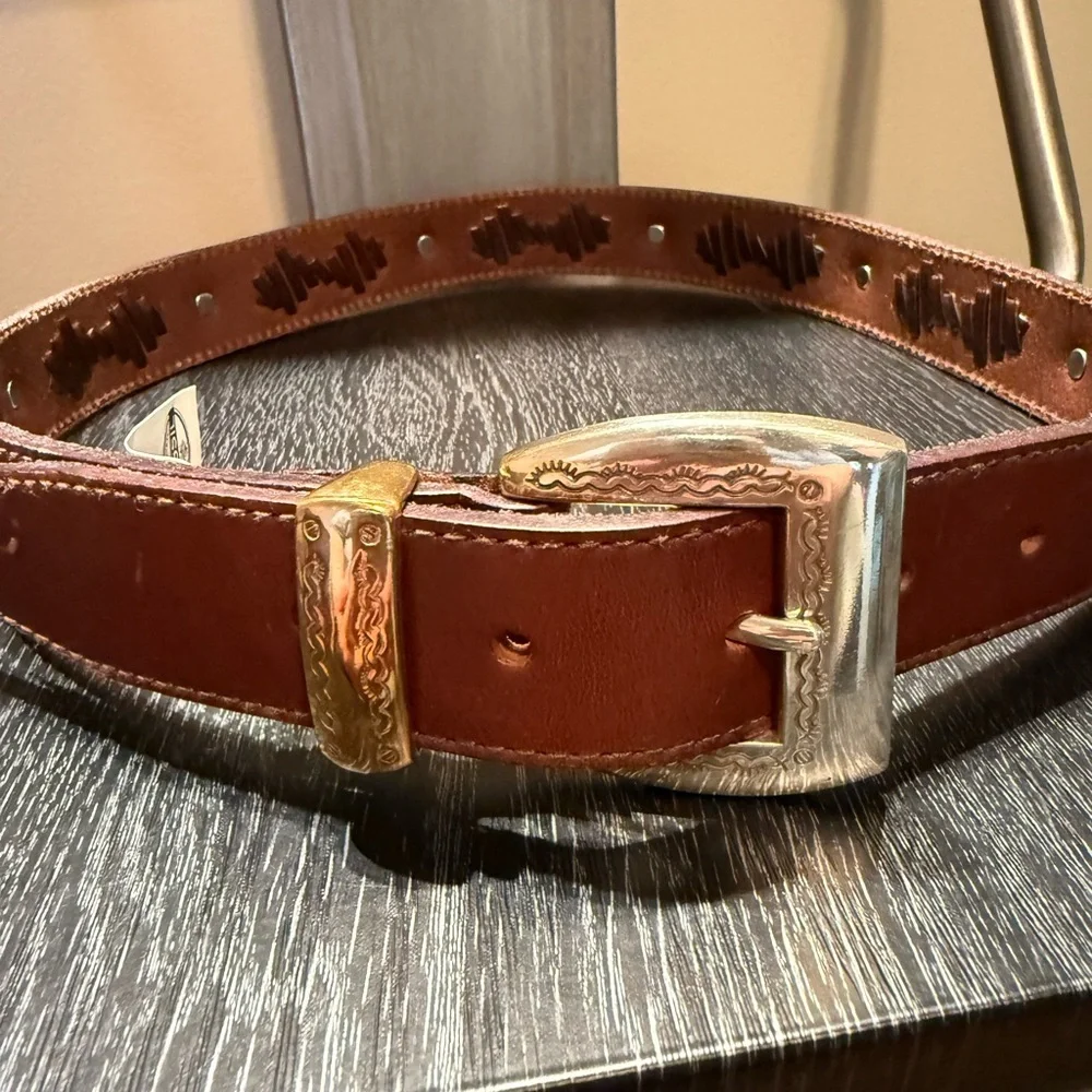 Vintage Fossil Brown Leather Southwest Silver Concho Cowgirl Boho Belt Sz M 33”